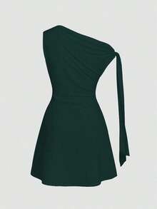Vestido minimalista para mujer con estampado floral de tinta, hombro asimétrico con lazo, cintura ajustada - Verde Oscuro - Ver 5
