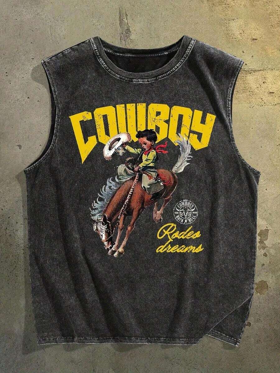 2026 Sleevelss Tops Men 2026 Sleevelss Tops Men Western Cowboy Print New Men's Premium Printed Heavy Pure Cotton Washed And Aged Waistcoat Sleeveless Vest Men's T-Shirt, Summer Casual T-Shirt Casual T-Shirt Muscle Shirts For Men Tank Tops Muscle Shirts For Men Tank Tops - 黑色 - 查看 1
