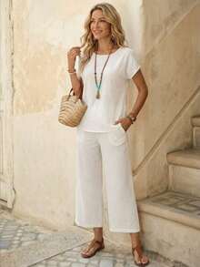Conjunto Dos Piezas Mujer Blanco, Blusa Cuello Redondo Mangas Cortas Holgada, Pantalones Largos Anchos Culotte, Tejido De Lino Ligero Fresco Transpirable, Estilo Minimalista Boho Natural Chic Ideal Para Looks Diarios Veraniegos Y Vacaciones - Verde militar - Ver 10
