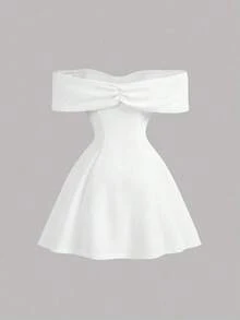 Vestido mini de fiesta rojo elegante para mujer, con diseño de hombros descubiertos, corte entallado favorecedor y falda amplia.Decorado con lazo frontal y adornos de perlas delicadas, ideal para citas y ocasiones especiales. - Blanco - Ver 2