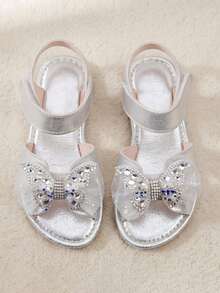 2026 Girls' 3-12 Years Silver Reflective PU Flat Sandals, Water Drop & Butterfly Net Decor, Non-Slip Soft Rubber Sole, Hook And Loop Strap, Dreamy Princess Style, Suitable For School, Party, Spring/Summer Princess Sandals - Silver - View 3