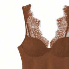 2026 New Elegant Spaghetti Strap Sexy Contrast Lace Sleeveless Fitted Vintage Tank Top, Fashionable Street Style Clothing For Women Casual Summer - Rust Brown - View 3