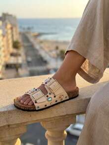 Sandalias de verano con doble tira y puntera abierta, zapatos de primavera para vacaciones de primavera y Pascua - Beis - View 2