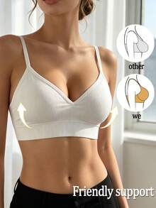 Sujetador sin costuras y sin aros para mujer, diseño de escote en V con almohadillas extraíbles, sujetador cómodo y casual a juego, de tejido de punto acanalado - Blanco - Ver 2
