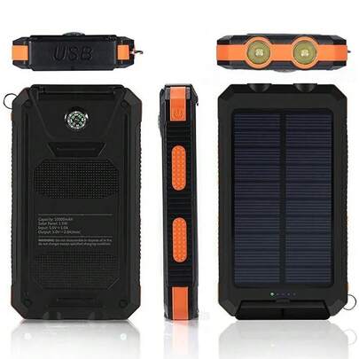 Portable Solar Charger 10000mAh Dual USB Type C Flashlight Compass Outdoor Power Bank For Android