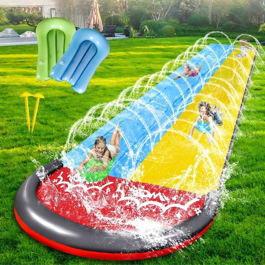 Cầu trượt nước hai làn dài 480cm (15,7ft) có vòi phun nước và đệm hơi, cầu trượt trên bãi cỏ, trò chơi té nước, cầu trượt nước bơm hơi sân sau, cầu trượt nước hồ bơi ngoài trời mùa hè dành cho người lớn và trẻ em, thích hợp cho bãi biển, du lịch, cắm trại, dã ngoại, công viên.
