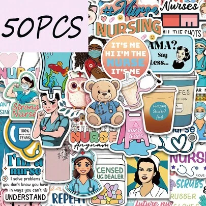 50 miếng dán hình hoạt hình vui nhộn về y tá, thích hợp để trang trí bình nước, ốp điện thoại, vali, laptop, miếng dán chống thấm nước.