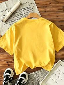 [Cotton T-Shirt] Tweed Girl "100 Days Of School Life" Printed Pullover Crew Neck T-Shirt - Spring, Summer, And Autumn Student Young Children's Short-Sleeve Top - Perfect For Play And Casual Outings. A Fun And Colorful T-Shirt That Inspires Every Child's Imagination. Suitable For Sporty Girls' Everyday Wear, Street Style, And School Uniform. - 黃色 - 查看 3
