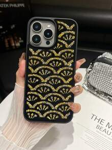 1pc Black Gold Spray Oil Skin Feel Rhinestone Wavy Flower Mirror Inlaid Shockproof 2-In-1 Phone Case Suitable For 14promax/17promax/15promax - Black and Gold - View 6