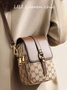 Bolso cruzado multifuncional, diseño de múltiples bolsillos con bolsillo para teléfono y orificio para auriculares, decoración de perlas falsas, bolso cruzado monedero con patrón de rombos acolchados, bolso de hombro para mujer - Caqui - Ver 1