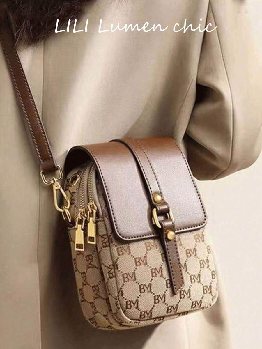Bolso cruzado multifuncional, diseño de múltiples bolsillos con bolsillo para teléfono y orificio para auriculares, decoración de perlas falsas, bolso cruzado monedero con patrón de rombos acolchados, bolso de hombro para mujer - Caqui - Ver 1