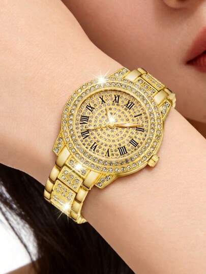 1件，优雅女士腕表，精致奢华女士石英表，金色表壳，镶嵌璀璨钻石，罗马数字表盘，适合日常佩戴和装饰，或作为女士节日礼物。