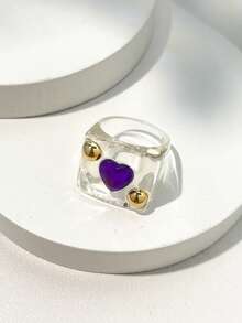 Y2K透明树脂戒指，宽版金属珠心形水钻戒指，朋克风叠戴戒指 - 彩色 - 查看 13