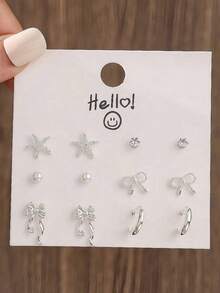 6 Pairs/Set Silver Plated Minimalist Heart & C-Shape Stud Earrings, Gift For Women, Suitable For Mom Or Girlfriend - Silver - View 1