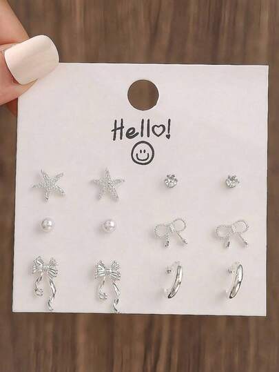 6 pares/set de pendientes de botón minimalistas con forma de corazón y C plateados en plata, regalo para mujeres, adecuado para mamá o novia