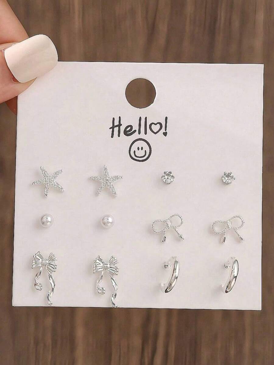 6 Pairs/Set Silver Plated Minimalist Heart & C-Shape Stud Earrings, Gift For Women, Suitable For Mom Or Girlfriend - Silver - View 1