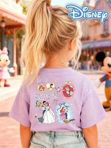 [Disney Authorized] Front: Ariel With Castle And Bow Elements Back: Ariel And Prince Eric With Flounder And Sebastian Elements And Text "PART OF YOUR WORLD" Double-Sided Print Pattern Girls' T-Shirt - Children's Clothing Design Short-Sleeve Casual Cute Style Comfortable And Relaxed Suitable For Boys And Girls, Perfect For Parties And Play Machine Washable Gift Children's Clothing Girls' Short-Sleeve Shirt - 紫丁香色 - 查看 3