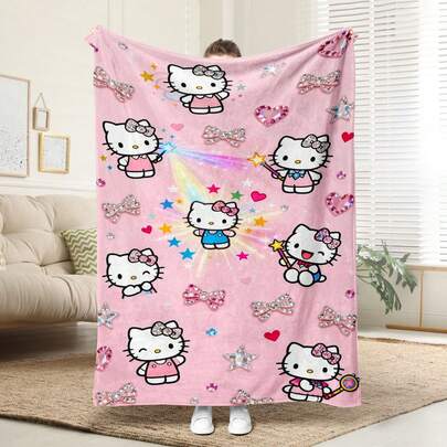 SANRIO 1pc Comfortable Hello Kitty Pattern Flannel Blanket, Soft Polyester Knitted Design, Versatile Use, Machine Washable, Ideal Gift For Home, Travel, Outdoor, All Seasons, Suitable For Sofa, Bed, Office Or Travel, Warm Companion For Movie, Nap, Bedroom, Office, Car