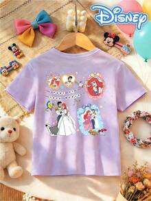 [Disney Authorized] Front: Ariel With Castle And Bow Elements Back: Ariel And Prince Eric With Flounder And Sebastian Elements And Text "PART OF YOUR WORLD" Double-Sided Print Pattern Girls' T-Shirt - Children's Clothing Design Short-Sleeve Casual Cute Style Comfortable And Relaxed Suitable For Boys And Girls, Perfect For Parties And Play Machine Washable Gift Children's Clothing Girls' Short-Sleeve Shirt - 紫丁香色 - 查看 5