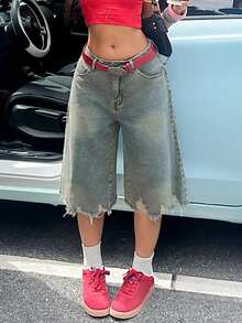 Casual Loose Frayed Hem Wide Leg Jeans - Light Wash - View 6