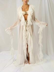 Lace Boho Long Duster Cardigans For Women Sheer Tie Front Ruffle Trim Chiffon Flowy Kimonos Layering Beach Cover Ups - White - View 1