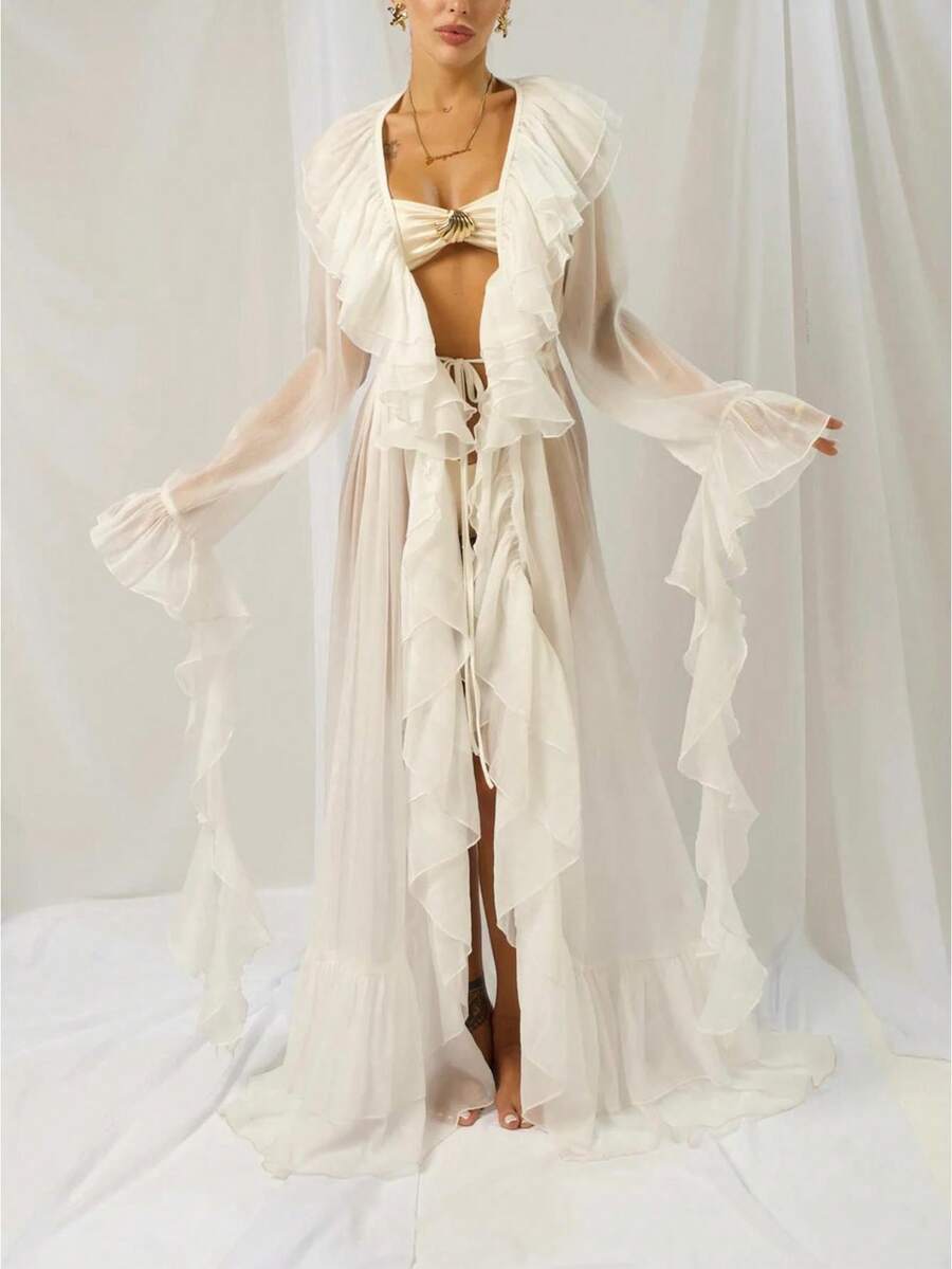 Lace Boho Long Duster Cardigans For Women Sheer Tie Front Ruffle Trim Chiffon Flowy Kimonos Layering Beach Cover Ups - White - View 1