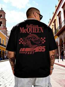 Disney's "Cars" Lightning McQueen Men's Pure Cotton T-Shirt, Round Neck Short Sleeved Casual Shirt, Loose Fit, Comfortable, Soft And Breathable, Suitable For Daily Wear, Going Out, Taking Public Transportation And Gathering Occasions. - Black - View 3