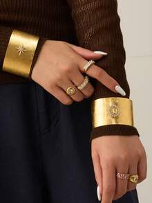 1 pieza Brazalete de acero inoxidable con circonita 5A, brazalete de aro abierto con cruz de oro 18K, joyería personalizada exagerada de estilo europeo y americano - Pulsera exagerada y única - Ver 7