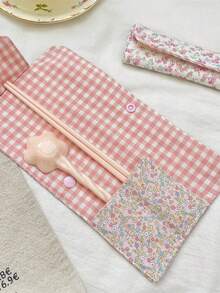 1个碎花格子拼接女士餐具收纳袋，按扣封口，学生便携式筷勺收纳袋，餐具袋，多用途收纳袋，适合作为礼物送给朋友，母亲节，情人节，周年纪念日，节日，邮轮，宿舍，办公室，旅行，露营 - 彩色 - 查看 6