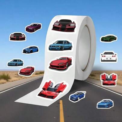 500张/卷 酷炫跑车贴纸，卡通超跑赛车主题自粘贴纸，防水PVC材质，适用于DIY手账、笔记本、杯子、滑板、行李箱、信封封口、礼品包装和派对装饰，是汽车爱好者的理想之选。