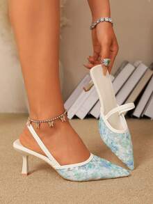 Women's Pointed Toe Kitten Heel Slip-On Sandals - Cadet Blue - View 3