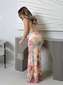 Vestido con estampado floral elegante y espalda descubierta para mujer - Rosa - Ver 2