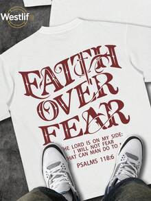 Men's Christian T-Shirt "FAITH OVER FEAR" | Psalm 118:6 Design | Inspirational Streetwear | 100% Cotton | Unisex Fit | Ideal Gift For Believers - 白色 - 查看 2