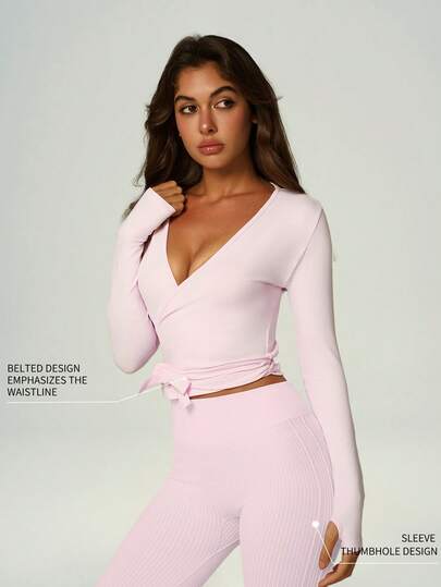 UONNOU 系带收腰塑身运动上衣，长袖V领带拇指孔，速干，适合瑜伽和舞蹈