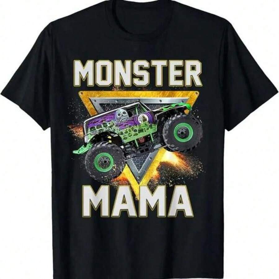 Monster Truck Race Cotton Graphic Tees, Boys Outfits Boys Shirt, Shirts For Teen Girls, Teen Boys Outfit, Monster Truck Mama Monster Truck Are My Jam Truck Lovers T Shirt Casual Men'S Cotton T-Shirt Crew-Neck Top Micro-Stretch Knitted Fabric Regular Fit Shirts For Adults & Kids Adult And Children's Sizes - 黑色 - 查看 1