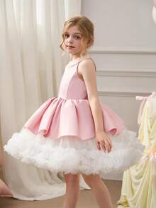 Young Girl Blue Bow Tie Mesh Dress, Elegant Little Girl Party Princess Dress, Suitable For Children's Birthday, Wedding, Flower Girl, Prom, Festival Celebration - Pink - View 5