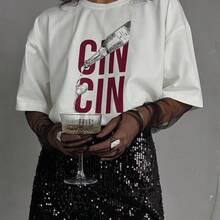 Round Neck T-Shirt With Simple Letter Print, American Retro Style - 白色 - 查看 1