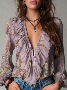 Vintage French Vacation Style Elegant Chiffon Allover Print Deep V-Neck Zipper Ruffle Sleeve Women Blouse Summer - Amarillo - Ver 11
