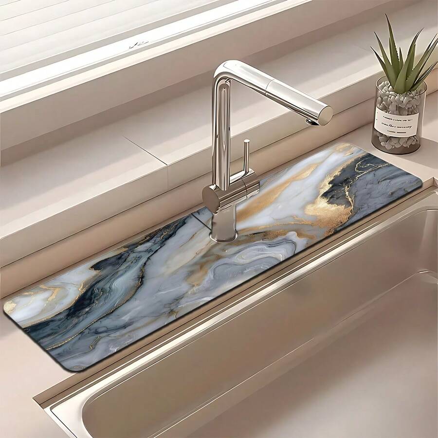 1 pieza Alfombrilla de grifo con estampado de mármol, de poliéster duradero, de secado rápido, fácil de limpiar, adecuada para cocina y baño, fácil instalación, decoración diaria, regalo, alfombrilla de baño, alfombrilla de grifo duradera, accesorio de grifo - Multicolor - Ver 1