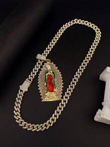 1 pièce Collier pendentif Vierge Marie mère de style hip hop rock punk plaqué or 14 carats pour hommes et femmes, chaîne cubaine épaisse - Le collier de la Vierge Marie - Voir 8