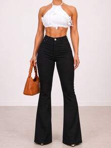 Black Flare Pants, Bell-Bottom Style, High-Waisted, With Lycra, Butt-Lifting, Comfortable, Versatile, Casual, Elegant, Country Style. - Black - View 2