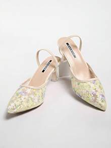 新中式白色高跟穆勒鞋，尖頭蕾絲刺繡可轉換式涼鞋女款，夏季鞋款 - 黃色 - 查看 6