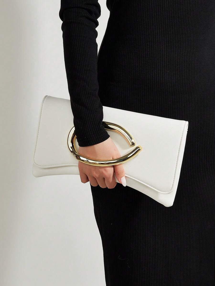 Dompet Clutch Warna Polos Bergaya Retro Vintage, Tas Jinjing Serbaguna, Tas PU Bergaya untuk Wanita, Cocok untuk Pernikahan, Pesta, Prom, dan Makan Malam - Putih - View 1