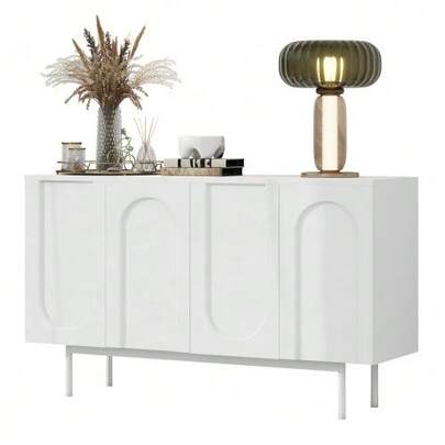 Modern Minimalist Pure White Sideboard With 4 Arched Doors For Dining Room And Living Room (White)