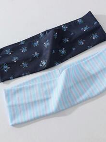 2条/套 花卉条纹印花柔软防滑发带，弹性瑜伽运动头巾，百搭日常佩戴，适合各种场合 - 彩色 - 查看 4