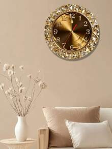 1pc 2D Flat Golden Diamond Themed Wooden Wall Clock | Silent Decorative Clock, Creative Design, Suitable For Bedroom, Living Room, Office, 25/30 Cm (Excluding AA Batteries) - Multicolor - View 3