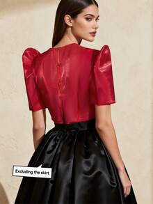 Amyenjoylife 现代菲律宾风情红色花瓣袖浪漫蝴蝶结衬衫 - 紅色 - 查看 2