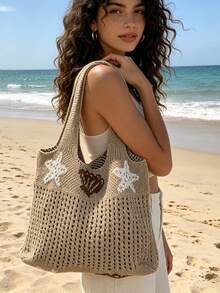 New Starfish & Shell Design Large Capacity Shoulder Tote Bag, Women Knitted Hollow Out Handbag - A - View 3