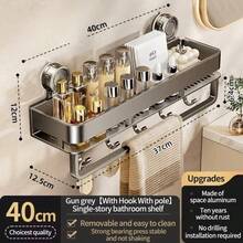 Estante de almacenamiento con ventosa para baño, cesta de ducha multifuncional para toallas, para organizar y secar - Gris plateado + 5 ganchos + barra de estante - Ver 8