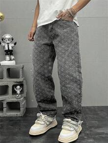 Plus Size Men's Personalized Crochet Denim Jeans - Grey - View 1